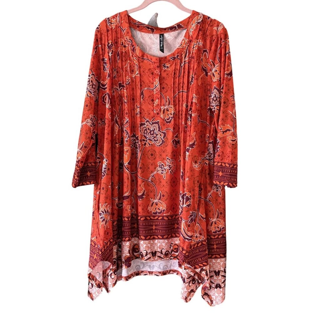 White Mark Floral Tunic Top 1XL 3/4 Sleeve Boho Assymetric Hem Red Orange Womens